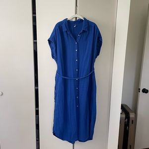 Cobalt blue linen style shirt dress - midi length